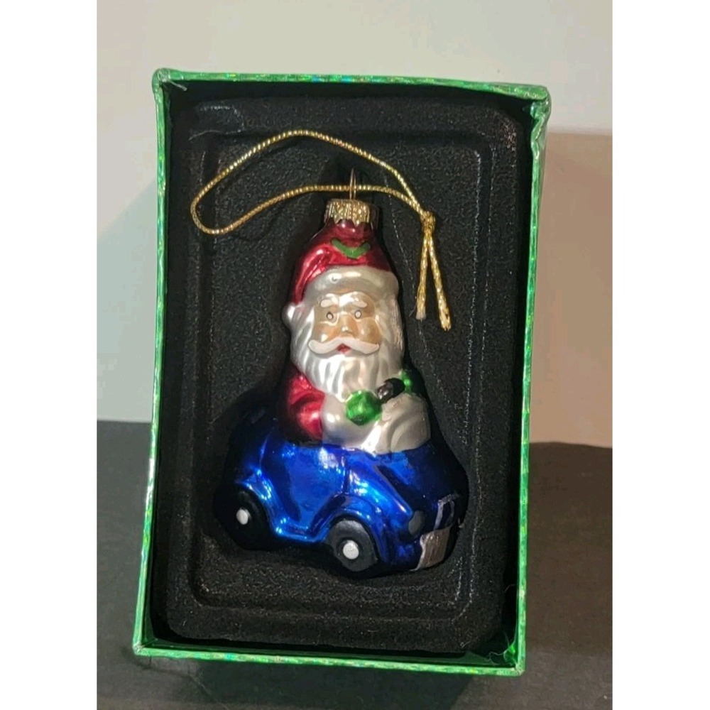 Mercury Ornament Santa in a Blue Car Glass Christmas Tree Ganz  3"x2"x1"‎